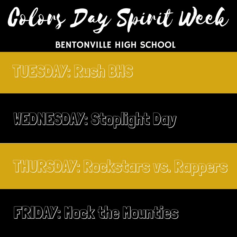 BentonvilleHS's tweet photo. It's spirit week at BHS!

We are getting ready for our 2018 Colors Day celebration &amp; basketball games on Friday! https://t.co/gLVDhg7wIV