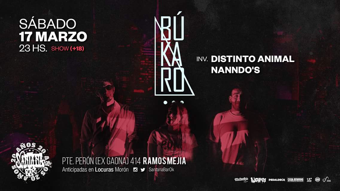 #Cartelera #CuandoTocamos

📆 Sábado 17 de marzo 23hs <a href="/BukaroTrio/">Búkaro Trio</a> junto a <a href="/distintoanimal/">Distinto Animal</a> y @NANNDOS_Oficial 

📌 <a href="/SantanaBarOK/">Santana Bar</a> #RamosMejia

📣 Más info facebook.com/events/1948499…

#Bukaro #Trio #DistintoAnimal #Nanndos