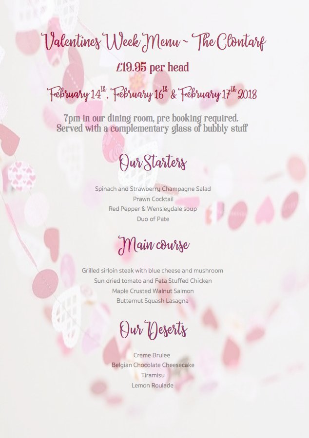 Clontarf_Hotel's tweet photo. Our Valentines menu which we are running on the 14th, 16th &amp; 17th Feb.  Prior booking required and limited availability #ValentinesDay #ValentinesDay2018 #hotelllandudno #llandudno #westshore #northwales #hotel https://t.co/sUxCPDwXvO