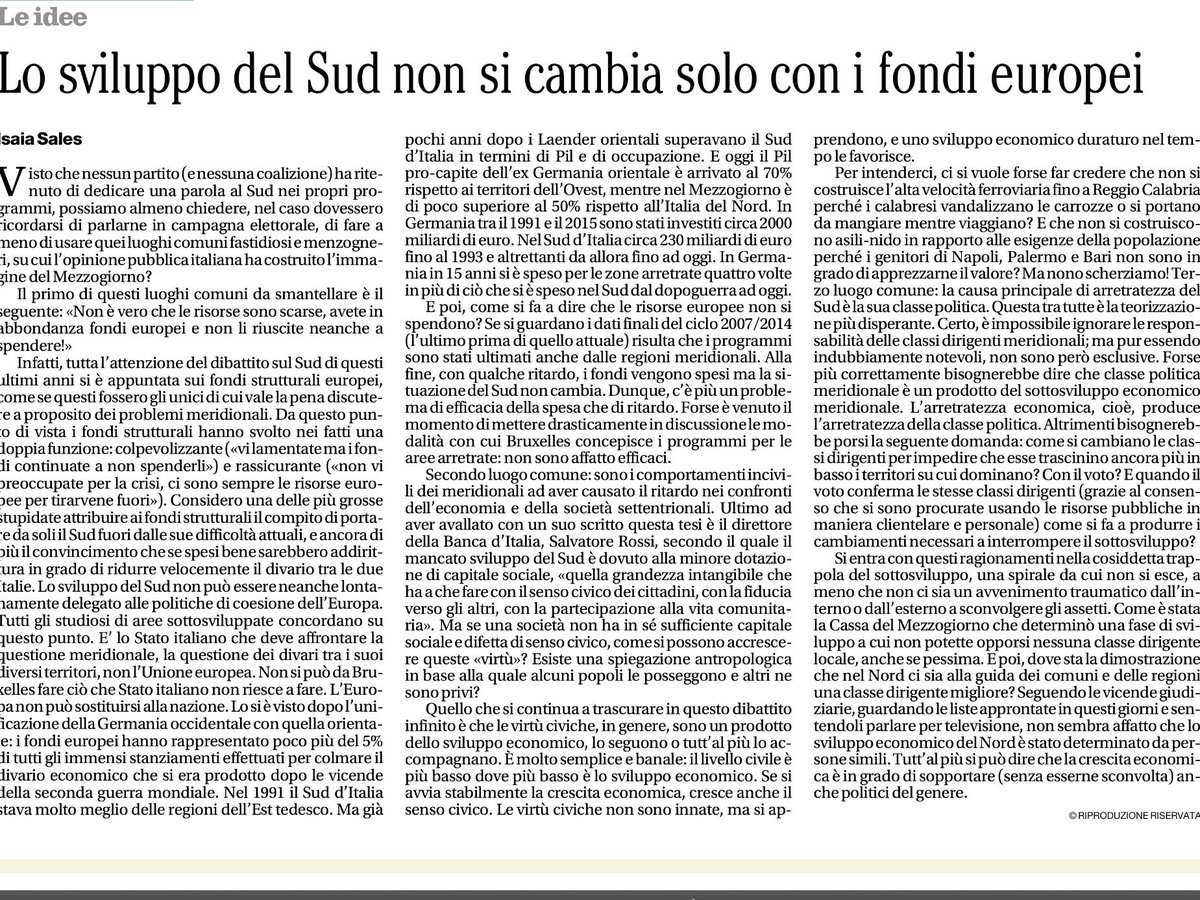 profgviesti's tweet photo. Ottimo Isaia Sales (oggi sul Mattino) sui luoghi comuni sul Mezzogiorno https://t.co/eZFChy6IT7