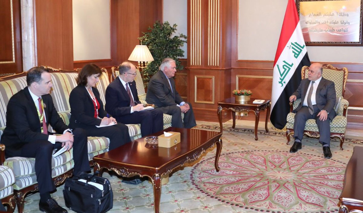 AlexKhrebet's tweet photo. Iraqi PM #AlAbadi meets with Rex #Tillerson in #Kuwait City at the Ministerial meeting of the Global Coalition to Defeat #ISIS before tomorrow's the #Iraq Reconstruction Conference. #USA #Coalition #العراق  #بغداد https://t.co/o3MoYsfb83