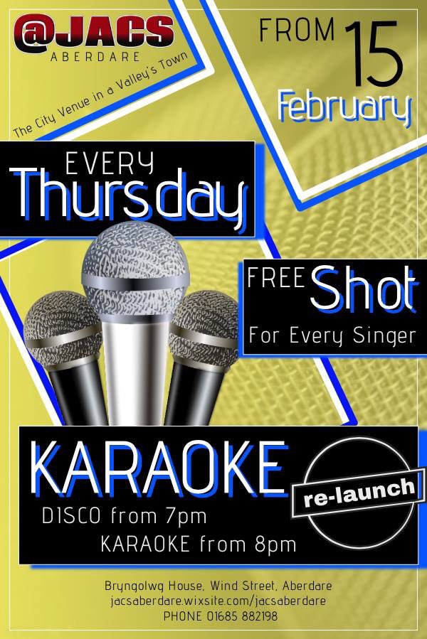 JACS are re-launching their Thursday Night Karaoke.  Starting this Thursday 15th February.

FREE shot for every singer!  

Come along and sing on stage on the best Karaoke system in Aberdare. #LiveMusic #livemusicvenue #Aberdare #karaoke #barrioke #freeshot