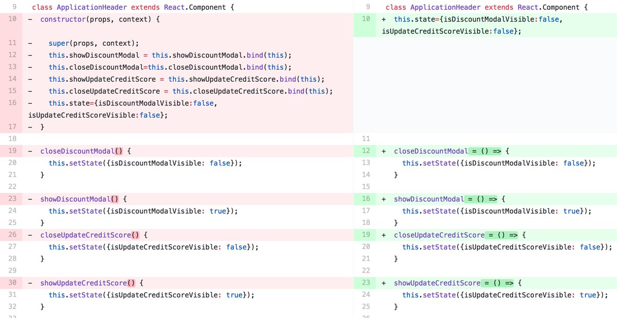 housecor's tweet image. React tip: You can eliminate constructors for state and binding. Use class fields instead (stage 3, transpiled via Babel).
Making this change all over lately. Nice way to reduce cruft.
#react