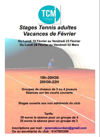 Le TCMénil #asnieres vous propose des #stages de #tennis pour adultes pendant les vacances de février.
Inscriptions ouvertes aux non adhérents au club 
infos:  tcmenil@orange.fr