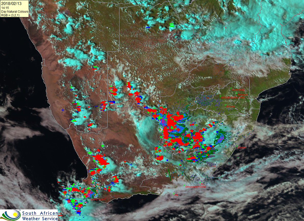 SAWeatherServic's tweet photo. Your late afternoon satellite image (13 February 2018). Its a busy afternoon in the weather. Much need thundershowers over parts of the Cape with thundershowers over much of the central interior this afternoon moving slowly east. Take care and be careful on the roads. https://t.co/w4V4EUNVrD