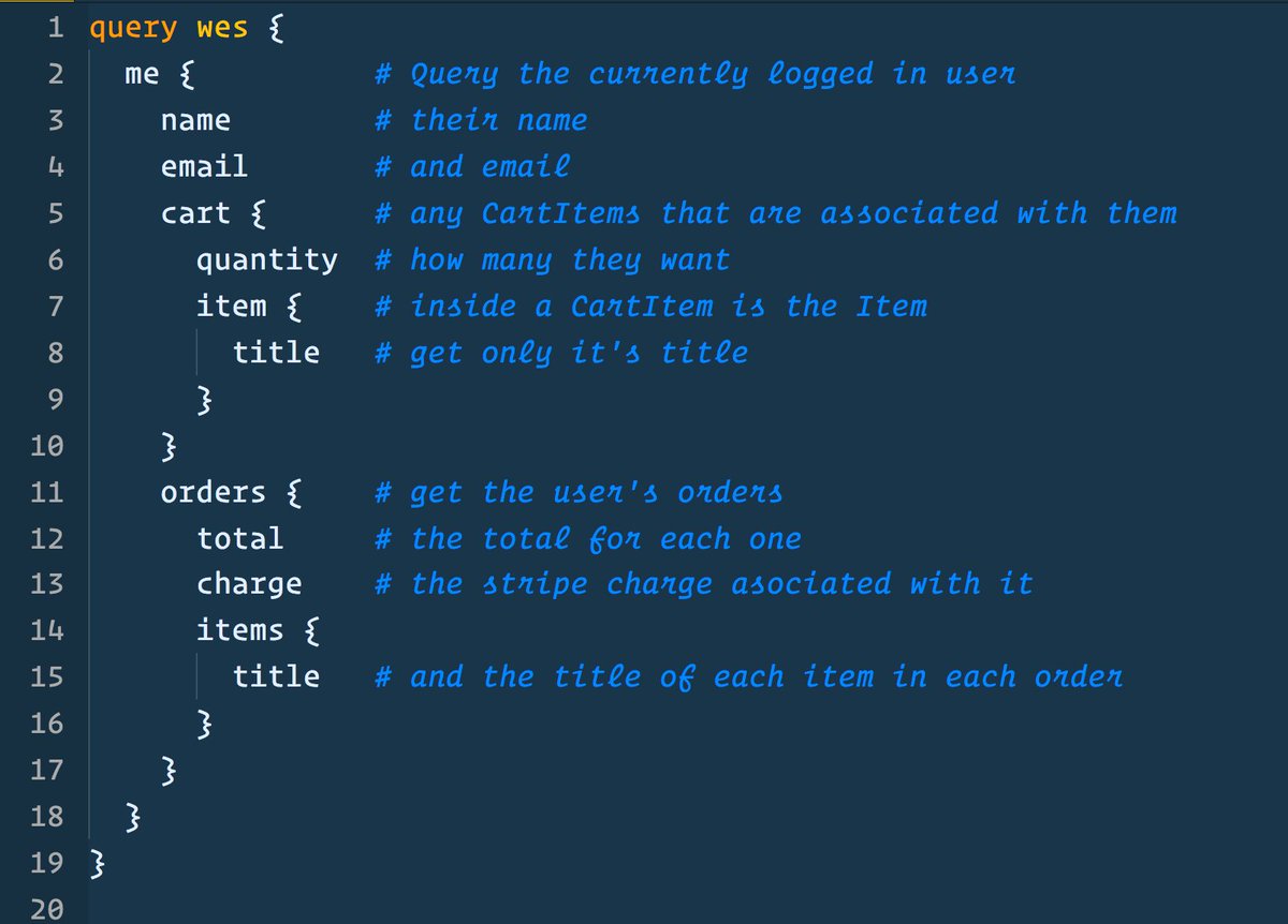 wesbos's tweet image. Here is another example of how awesome GraphQL is. Here I query four different data types with four different relationships in a single shot, only grabbing the data I need.
