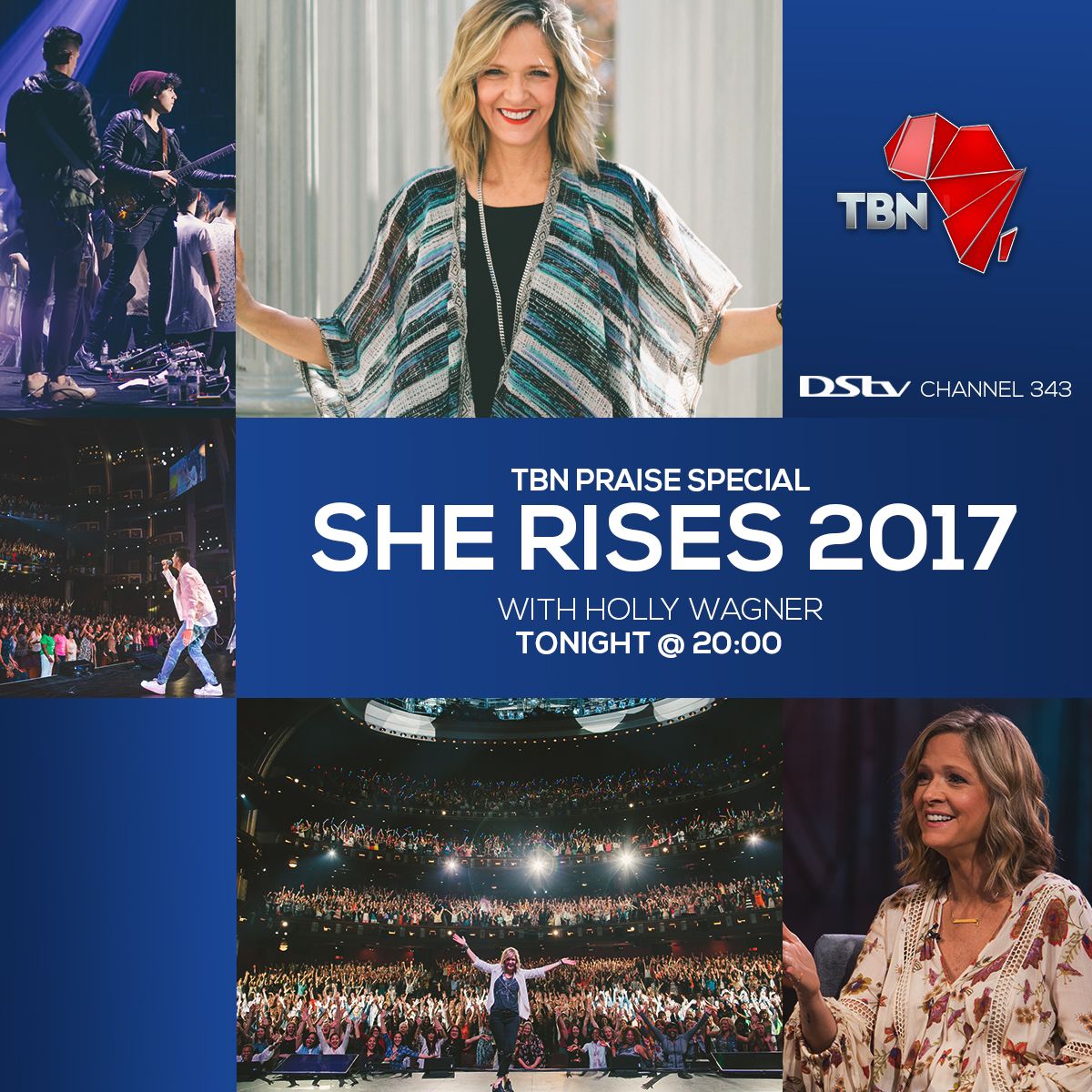 tbnafr's tweet photo. Praise tonight @ 8PM #SheRises Conference 2017 with @HollyWagnerLA - She Rises is more than a conference, it is a gathering and community of everyday women walking tall and free, loving God, their communities and each other.
#tbninafrica #DStv #channel343 #Praise https://t.co/jJVMRc4u8U