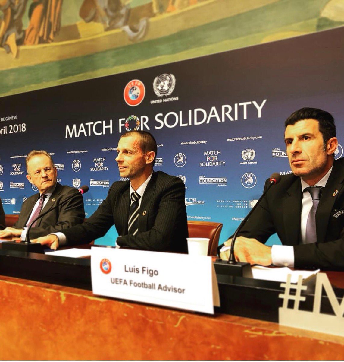LuisFigo's tweet image. We’re at @ungeneva with the president Ceferin for the press conference to launch #matchforsolidarity  match will be played at Stade de Genève on Saturday 21 April at 16:00👍