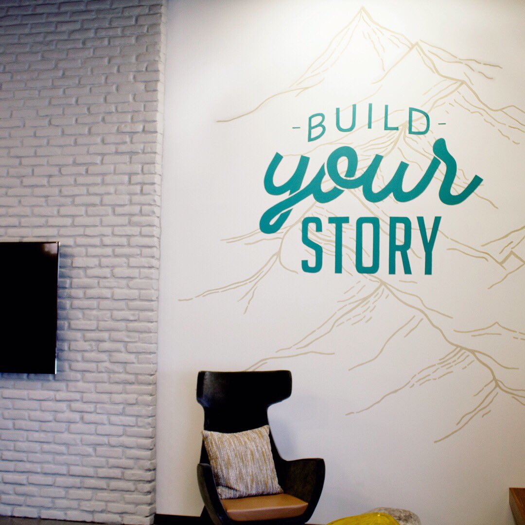 DayCloudStudios's tweet photo. Hand-painted mural for our friends at @buildfrontier! What’s an office without some killer decor? 🎨🌲⛰
#daycloudstudios #agencylife #design #branding #illustration #mural #lettering https://t.co/iDg05ibA5n