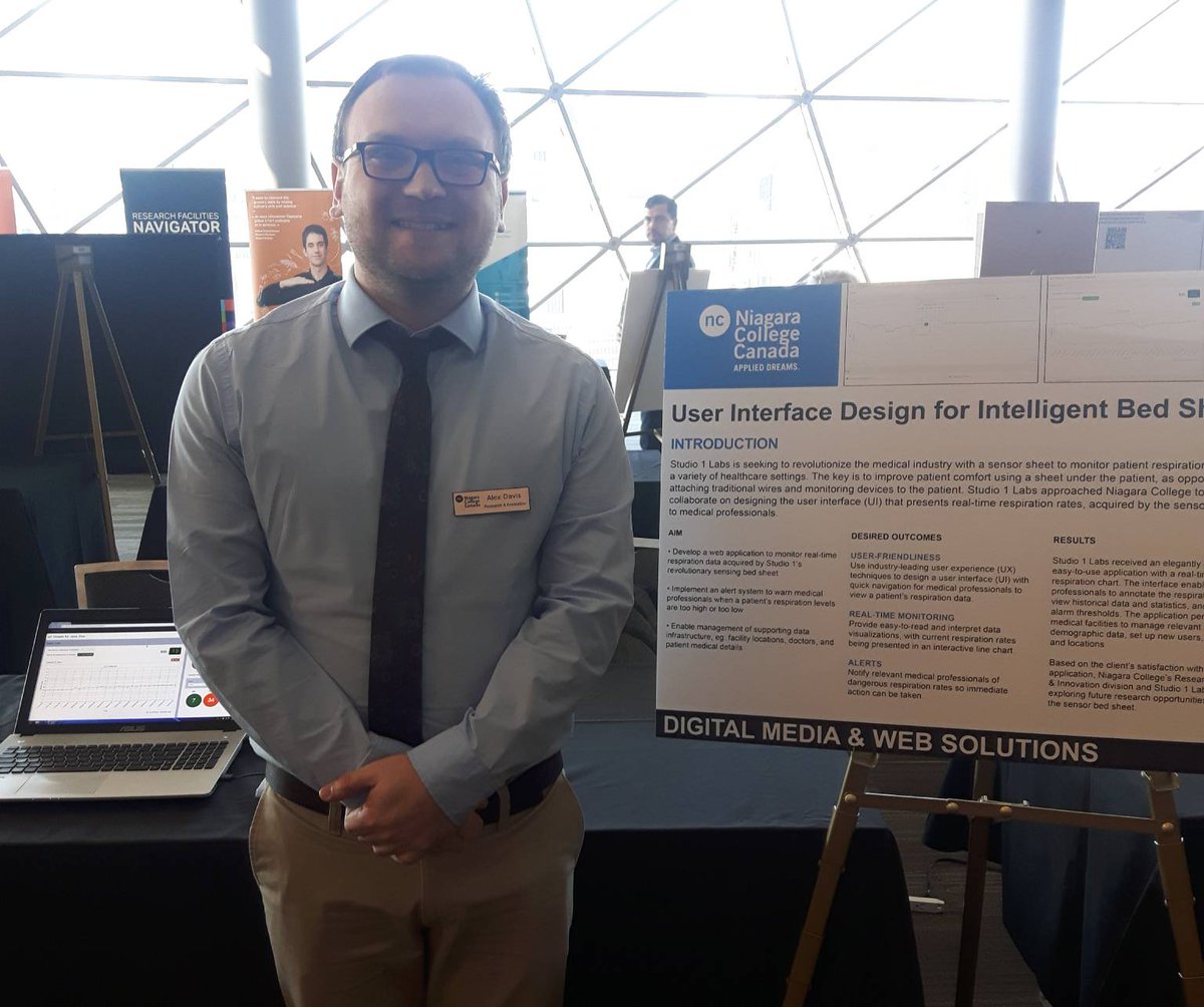 CollegeCan's tweet photo. Alex from @niagaracollege worked w/ @Studio1Labs to develop a web-based user interface for the company’s fabric sensor technology to allow medical professionals to easily view collected data! #CICanInnovation #StudentShowcase #cdnpse #datacollection #innovation #AppliedResearch https://t.co/AujbunEafD