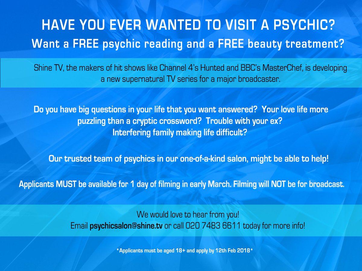 Do you want a FREE psychic reading and FREE beauty treatment? Casting now for a new TV pilot! We've recruited a team of psychics to work in our one of a kind salon! Get in touch now if you want to come in for a FREE reading! Email psychicsalon@shine.tv NOW for info! RT plz x