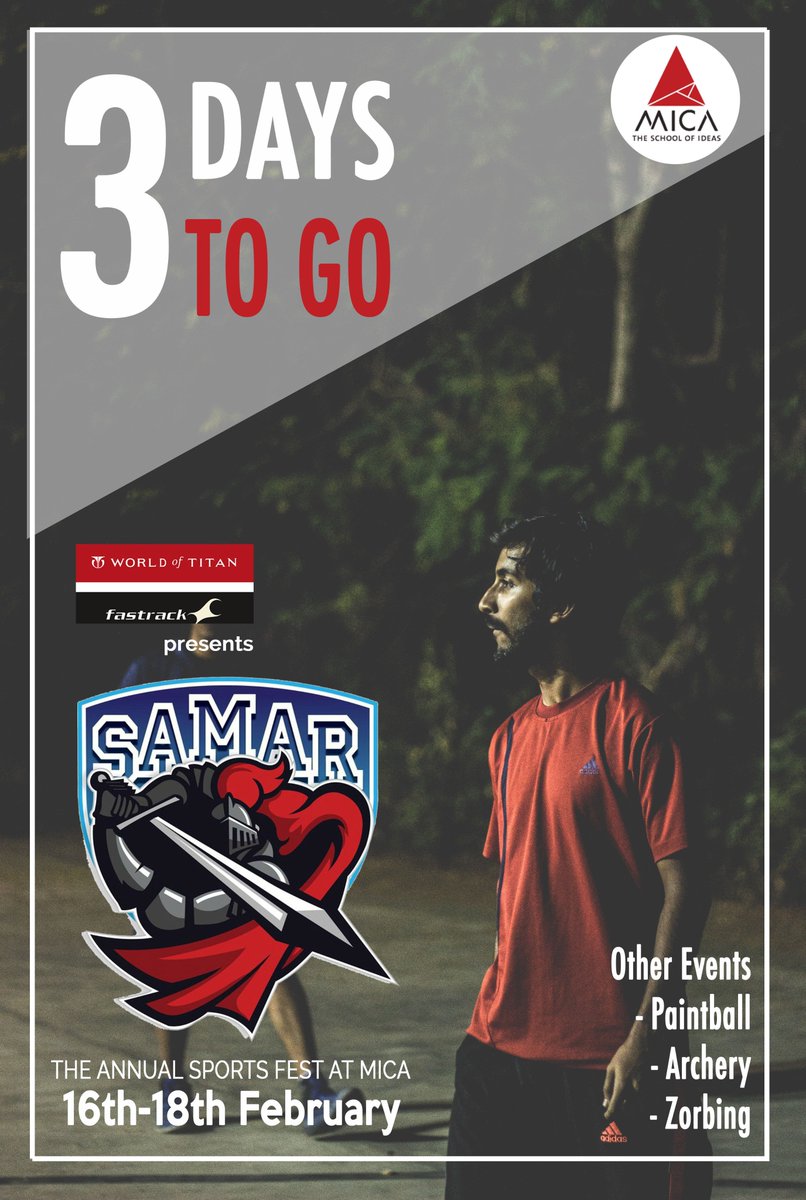 MICA_Ahmedabad's tweet photo. The battle is just three days away, can you feel the heat? @ScamMICA brings to you SAMAR—the Annual Sports Festival of MICA. The war will be fought among top B-schools across the country in 14 sporting events and 3 informal games—may the best team win! #Samar2018 https://t.co/0Q7vzBs16x