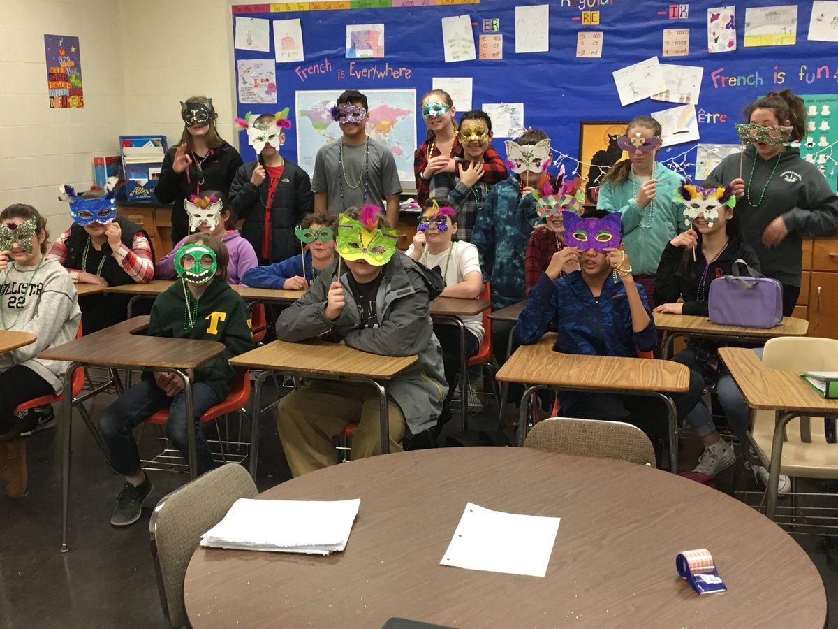 sean_gilrein's tweet photo. "Let to good times roll" in French class celebrating Mardi Gras at #TRJHS. Grade 7 students getting ready to parade through the hallways! https://t.co/hM5mgmjnac