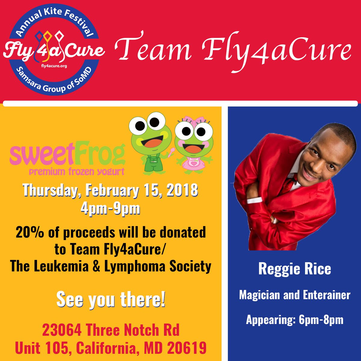fly4acure's tweet photo. Join us at the California SweetFrog.  Reggie Rice will be making an appearance and can show you some cool magic tricks!

Thursday, February 15, 2018 [4pm-9pm] https://t.co/4rowBNHTIU