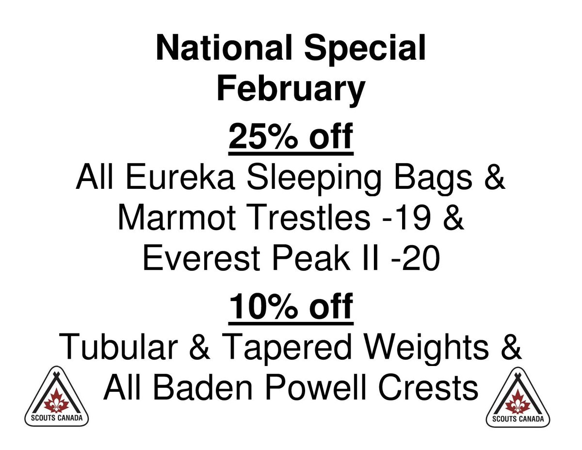 ScoutShopCanada's tweet photo. Check out our great deals on Eureka Sleeping bags! 25% off this month! Kub Kar weights and all Baden Powell crest are also 10% off to get you #Prepared for your #KubKarRally and #BPWeek Celebrations! #ScoutsDoStuff #ProceedsGoBackToScouting https://t.co/tfmdC3sbqJ