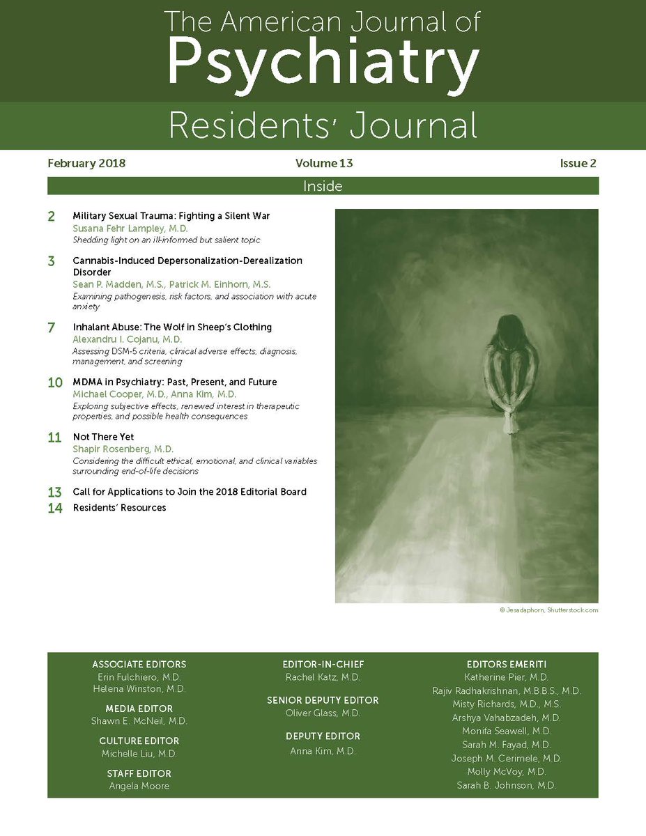 APAPubJournals's tweet image. The most recent @AJP_ResJournal features articles on #military sexual trauma, the links between #cannabis use and psychotic disorders, and risks associated with #inhalant abuse.
bit.ly/2EnyZUe