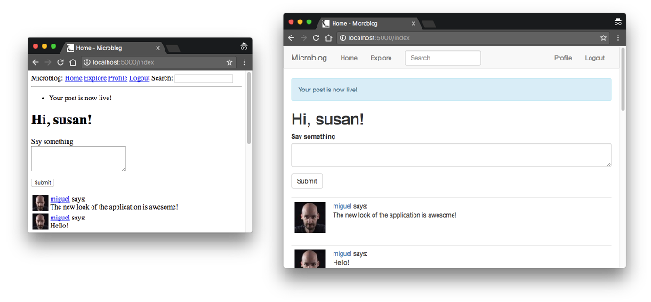 miguelgrinberg's tweet photo. Part 11 of the Flask Mega-Tutorial is up on my blog. On this one you'll learn how to work with a CSS framework to make your web application look great! https://t.co/OiLjCCHkKJ https://t.co/L7sZG5sVFg