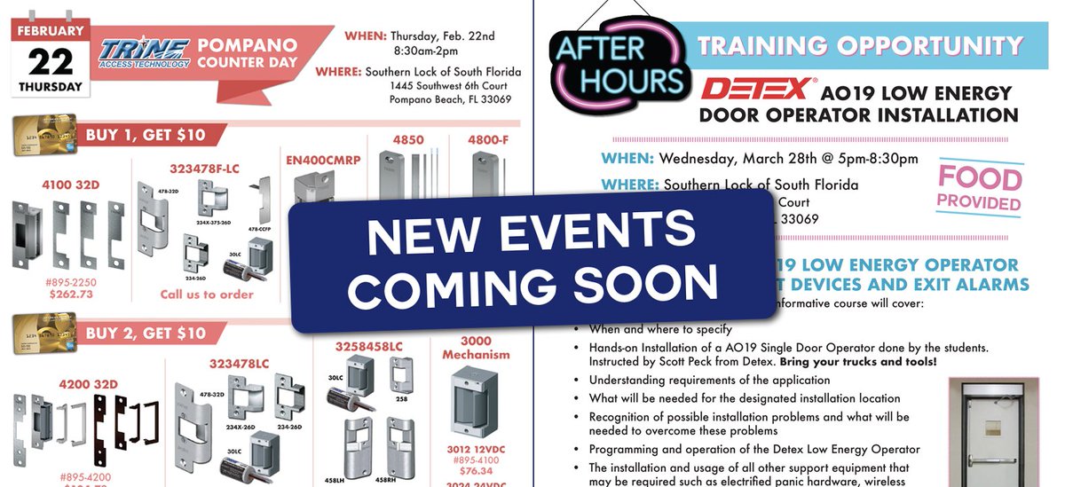 Our calendars are filling up with awesome events! Check out NEW events from Trine Access Technology and Detex coming soon to our Pompano location: southernlock.com/event