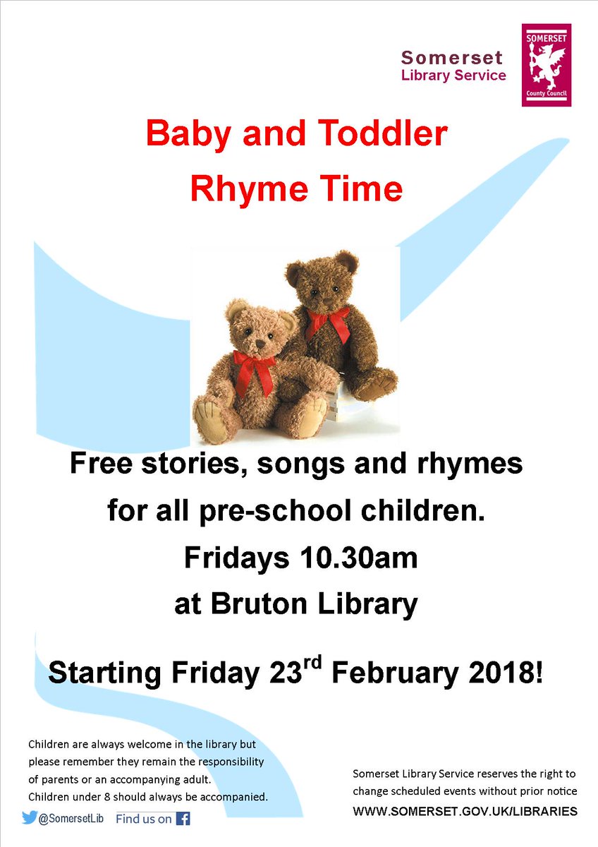 SomersetLib's tweet photo. We're really excited to offer a new baby and toddler Rhyme Time at #BrutonLibrary thanks to some wonderful volunteers! #Free stories, songs and rhymes for preschool children. Starting Friday 23rd Feb at 10.30am. #celebratecommunity #SomersetReads https://t.co/hIqsCPhGfL
