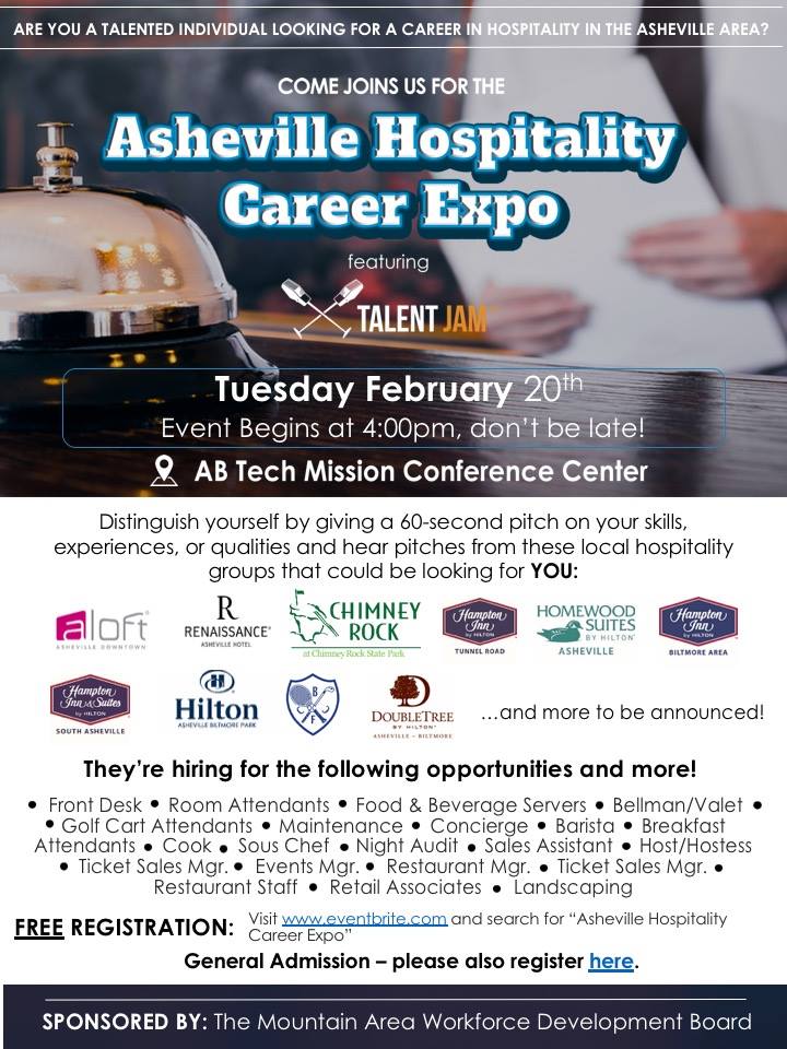 We are just 1 week away from the #Asheville Hospitality Career Expo featuring #TheTalentJam! Lots of local opportunities and talent will be pitching &amp; networking! You won't want to miss this event. Register for FREE: eventbrite.com/e/asheville-ho…