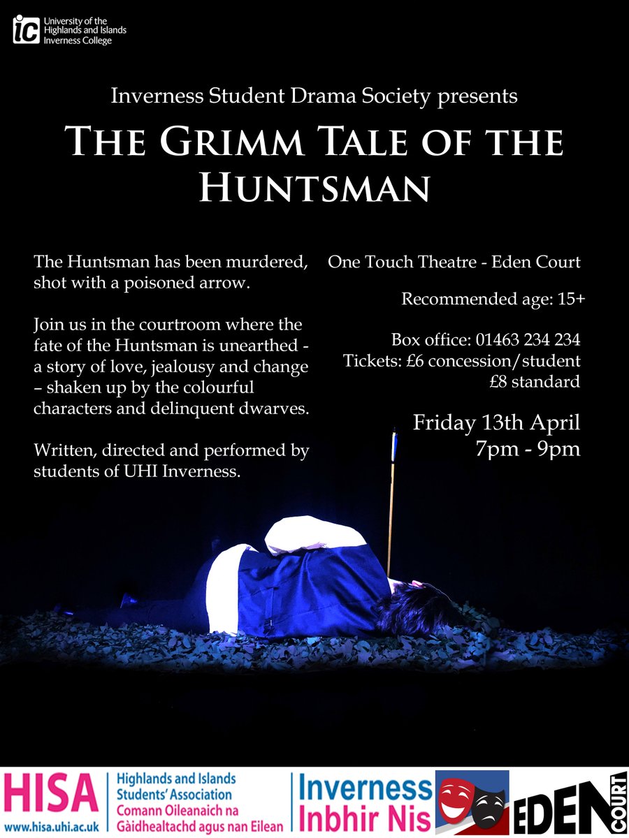 UHI_Inverness's tweet photo. Our students are a talented bunch! They're set to take to the stage @EdenCourtwith their production - The Grimm Tale of the Huntsman - written, directed & starring members of @ThinkUHI 's newest student drama society #Highland #Drama #Students
https://t.co/YJa9XSsBKK https://t.co/WhDmwBrUvo