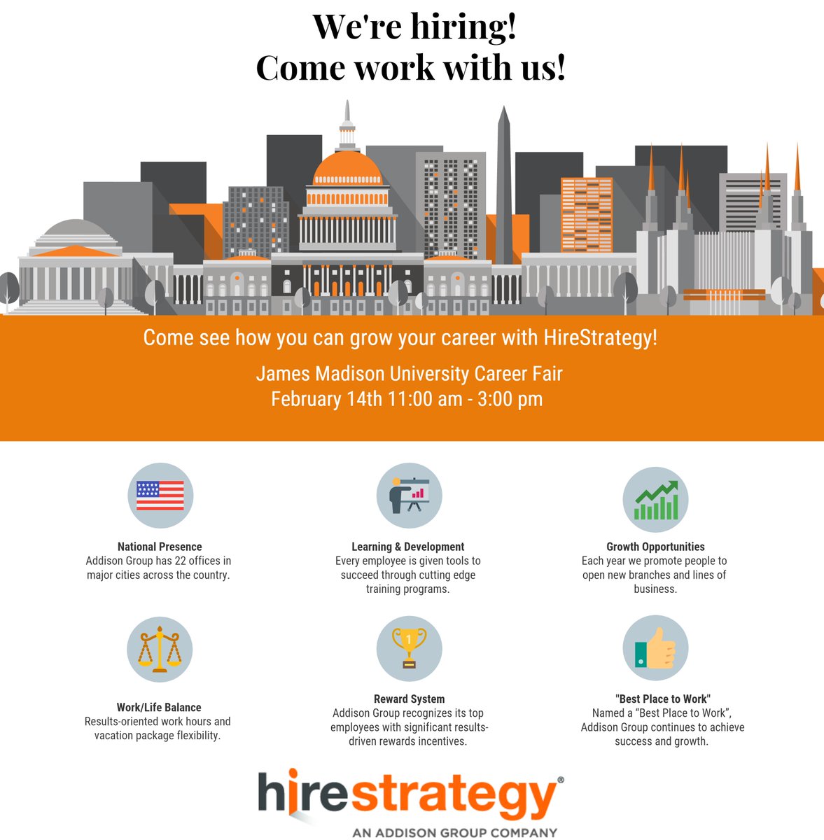 hirestrategy's tweet photo. Hey James Madison University find your dream career at HireStrategy! We're going to be at the career fair tomorrow, February 14. Find out if it's love at first sight. #jmucap #jmucareerfair #RecruitADuke Career & Academic Planning - James Madison Un... @jmucap https://t.co/GYWQKqsl7c
