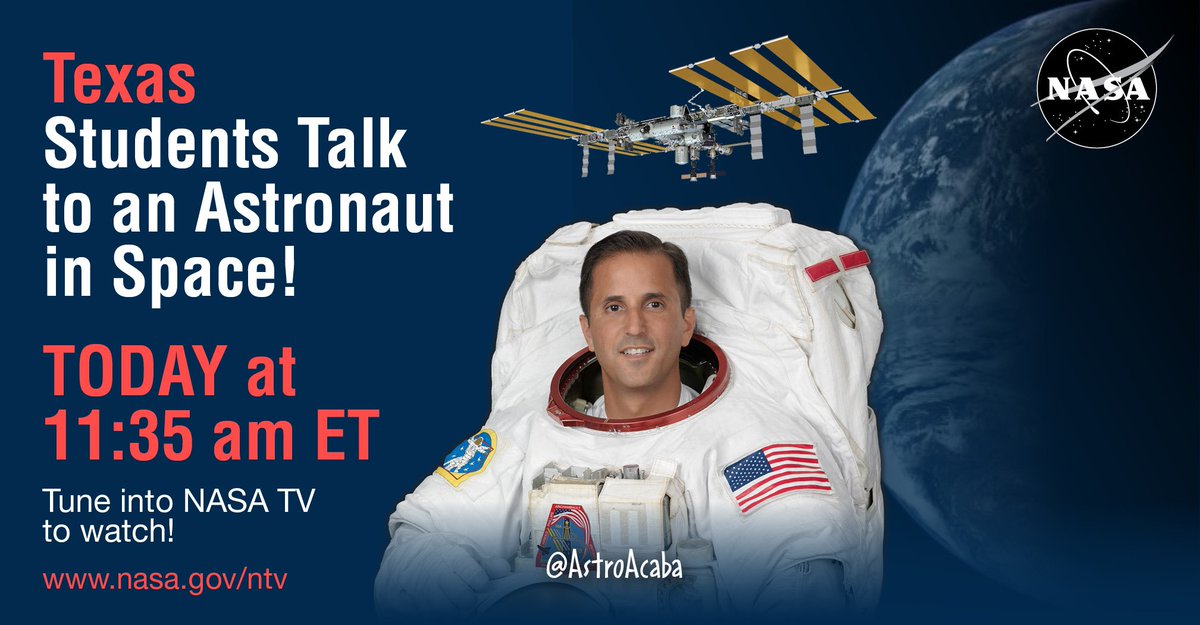 LearnWithNASA's tweet photo. TODAY at 11:35am ET: Tune into @NASA TV to see @uhdowntown students ask #TeacherOnBoard @AstroAcaba questions about living and working on the @Space_Station! https://t.co/m9AacP4zoQ https://t.co/rMQuG1WToW
