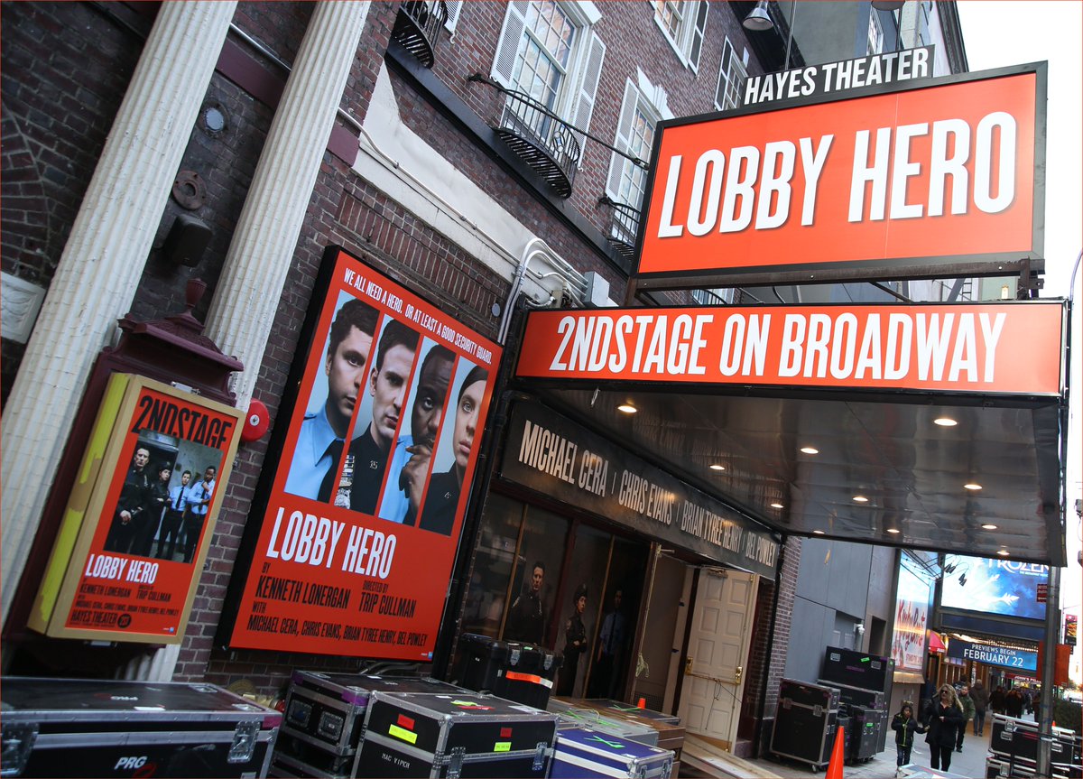 nytix's tweet photo. Lobby Hero Starring Chris Evans, Michael Cera, Brian Tyree Henry and Bel Powley, will begin previews March 1st at the newly renovated Hayes Theater! Take a look at the marquee! https://t.co/kjbVktqk6r