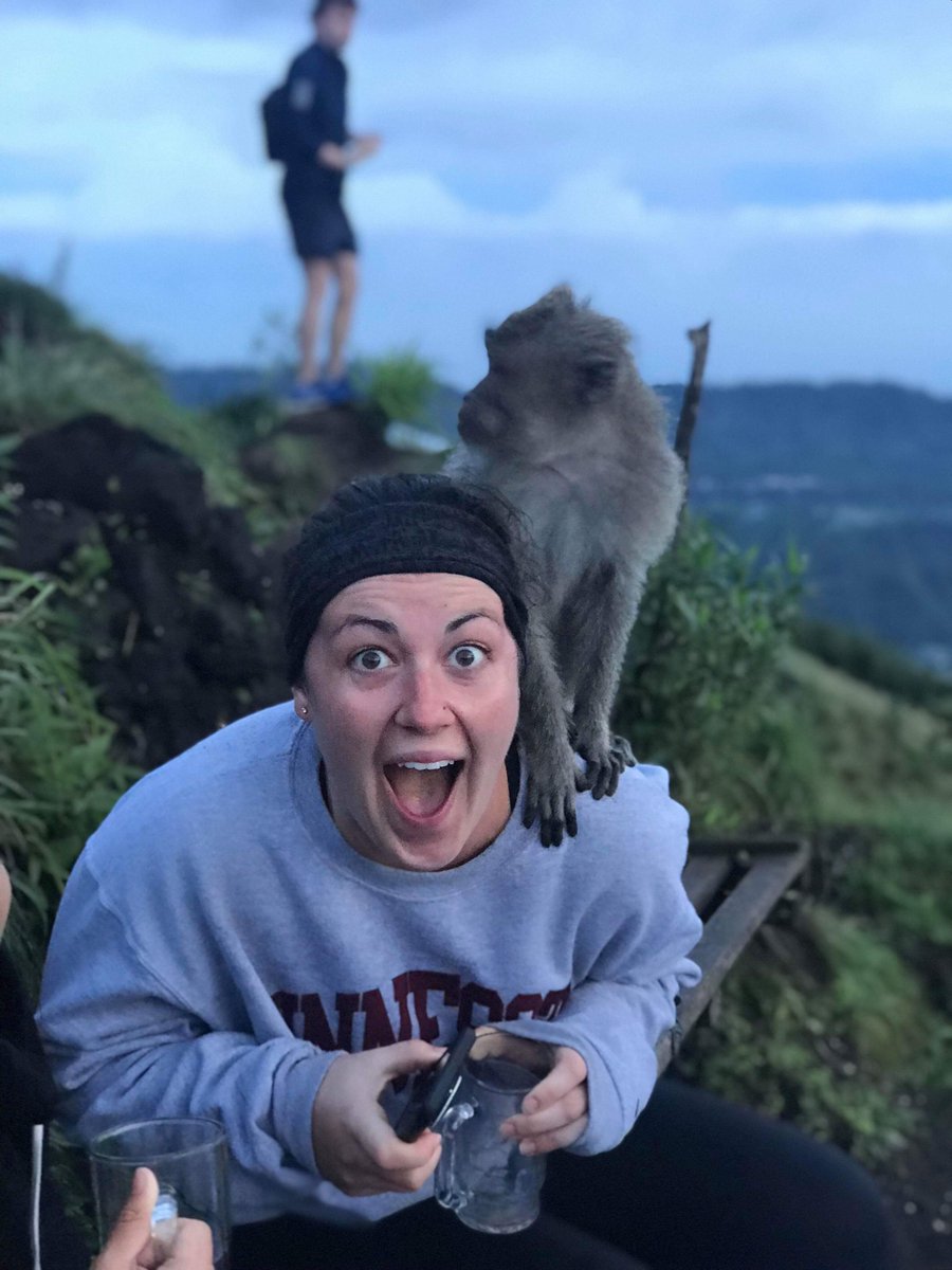 I am so excited to be working at Red Pine this summer! Thailand is going great, it's wonderful here. Here is a picture of one of my favorite moments so far-- a monkey hopped on my shoulder after hiking Mt Batur in Bali!