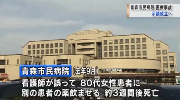しーずー Nhk青森 市民病院医療事故は賠償で合意 去年 青森市民病院 で ８０代の患者が 看護師による薬の取り違いがもとで死亡した医療事故は 青森市が賠償金２３００万円を支払うことで遺族側と合意しました T Co Zmqmtzale6 昨年９月の話