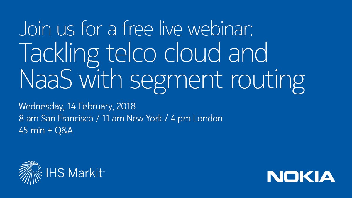 nokianetworks's tweet image. What are the #segmentrouting principles & status of industry adoption? Join @HeidiAdams99, @allentatara, @AJJ_Jansen & @1adam_simpson during our 14 February webinar with @IHSMarkit: nokia.ly/2DMQJbk