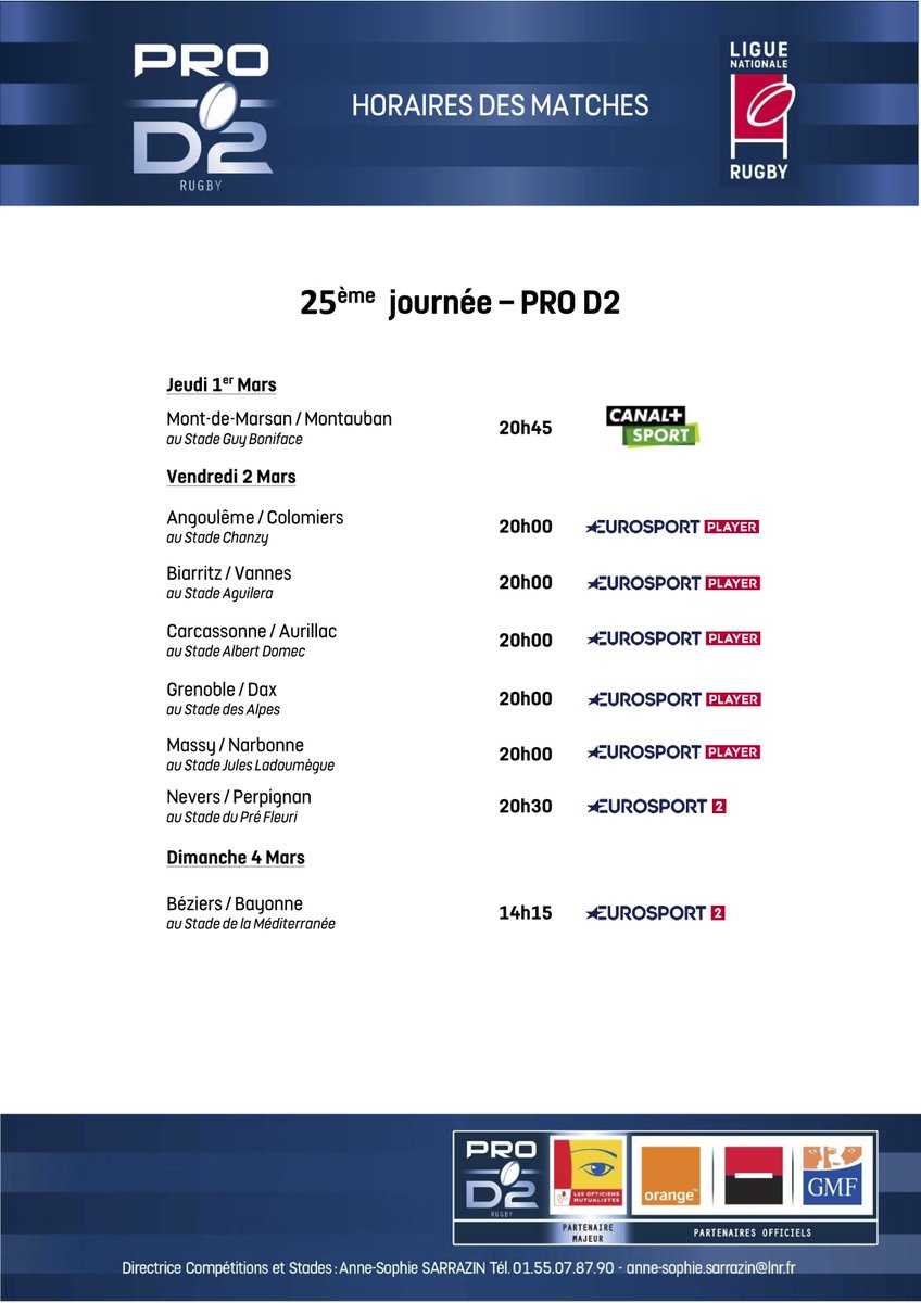us_carcassonne's tweet photo. 🗓️ Programmation J25 👉

Le vendredi 2 mars, l'@USCXV accueillera le @SArugbyofficiel au stade Albert Domec. Coup d'envoi 20h !

#USCSACA #PROD2 https://t.co/k3sMzlbm6m