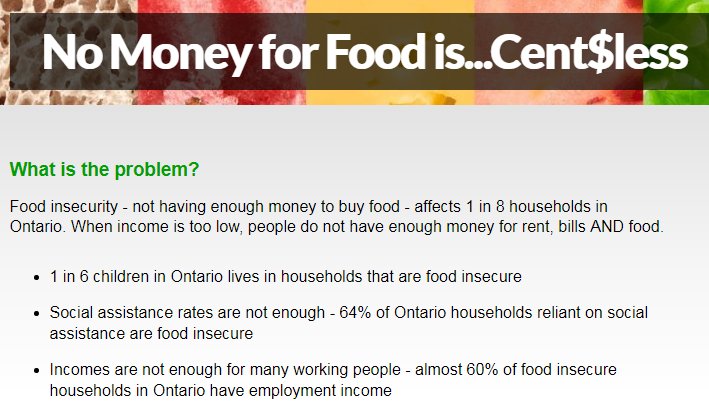 Check out @RDsPubHealthON 's "No Money for Food is Cent$less" campaign, raising awareness for income-based solutions to #foodinsecurity. Great resources and tools to call for policy action. odph.ca/centsless  #ONpoli