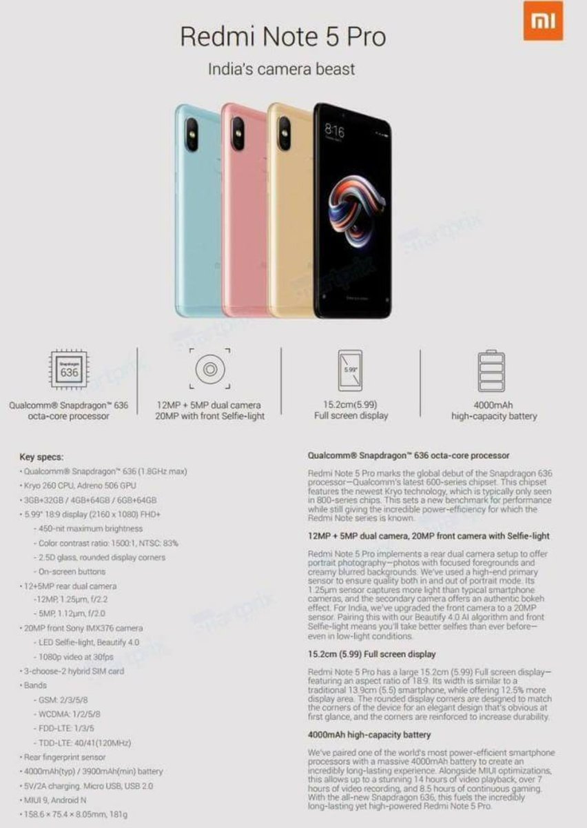 TechyBug's tweet photo. Xiaomi India will going to launch the Redmi Note 5 & Redmi Note 5 Pro two smartphones tomorrow 12 PM.Leaks also suggest that Xiaomi will also going to launch Mi TV series in india.
Check all specs as given below.
#Miindia #Xiaomi #RedmiNote5Pro
#RedmiNote5 #Techybug #Redmi https://t.co/CQczc8h7ep