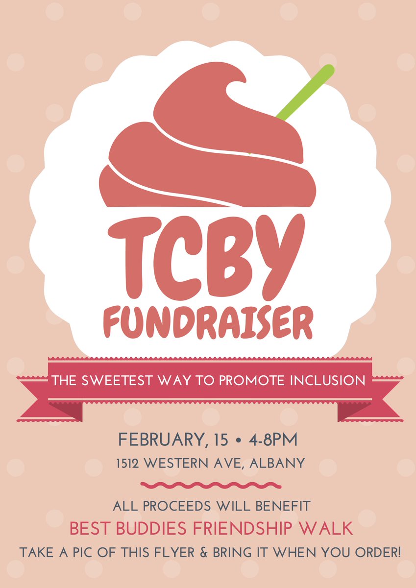 StRoseSA's tweet image. Looking for something sweet? Best Buddies is having a fundraiser at TCBY from 4-8pm! Bring this flyer or a photo of it when you go and all proceeds raised will go to the Friendship Walk!