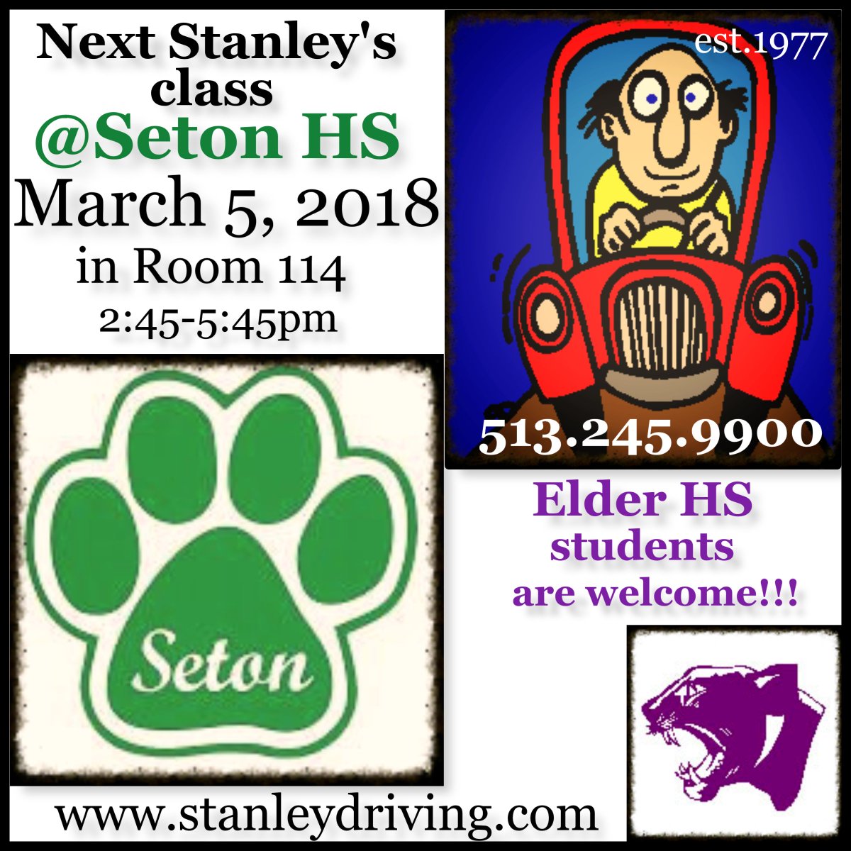 Next <a href="/setonhs/">Seton High School</a> class begins March 5th!! Class is starting to fill up, so make sure to contact us at 513.245.9900 or visit stanleydriving.com to register!! <a href="/ElderHighSchool/">Elder High School</a> students are welcome and encouraged to join us!!