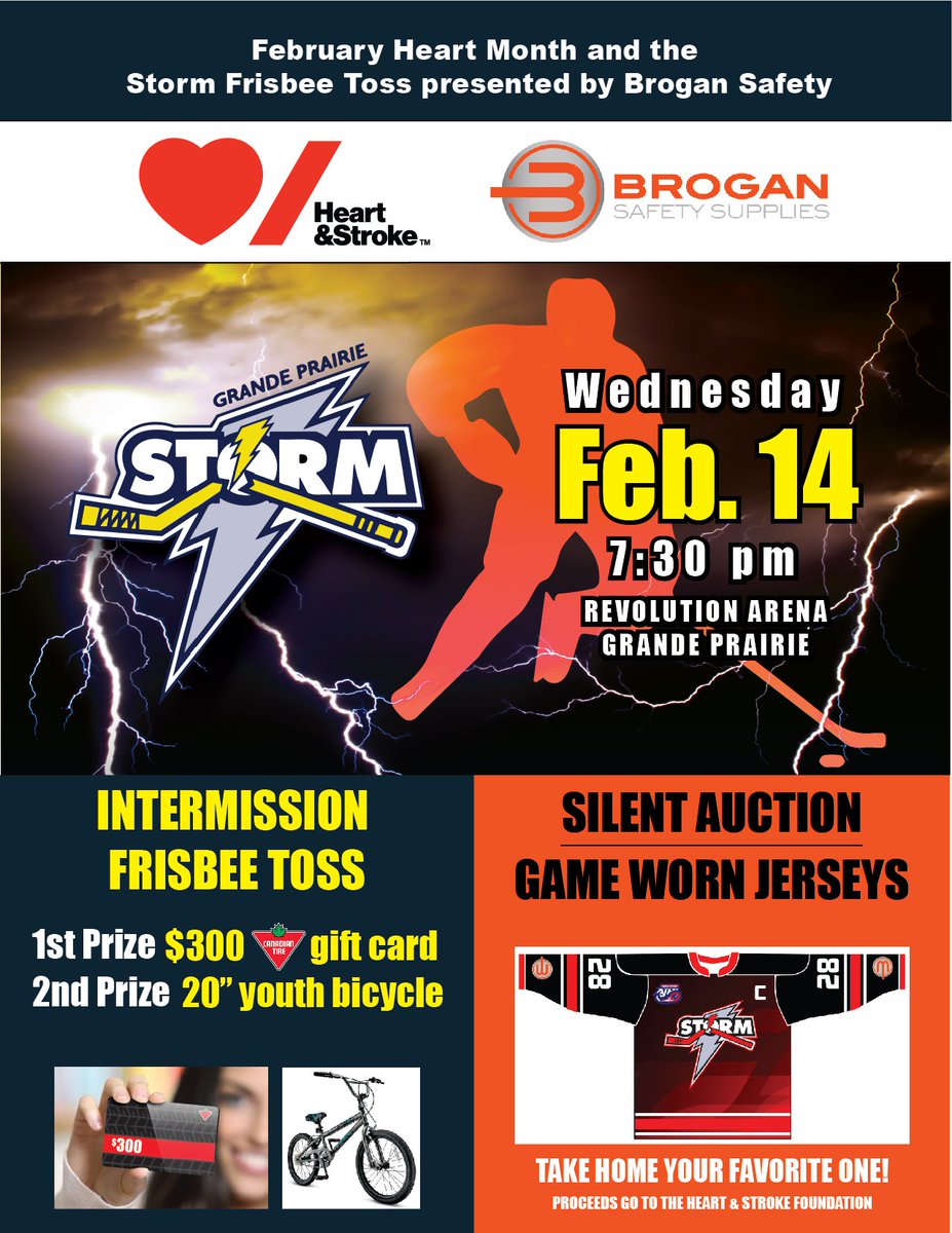 GPStorm's tweet photo. Tomorrow is our annual Heart and Stroke Night in partnership with Brogan Safety Supply!  Come out and support your Storm while supporting a great cause!  The boys will be wearing special jerseys that will be auctioned after the game with all proceeds going toward Heart and Stroke https://t.co/BUbcJnCKEX
