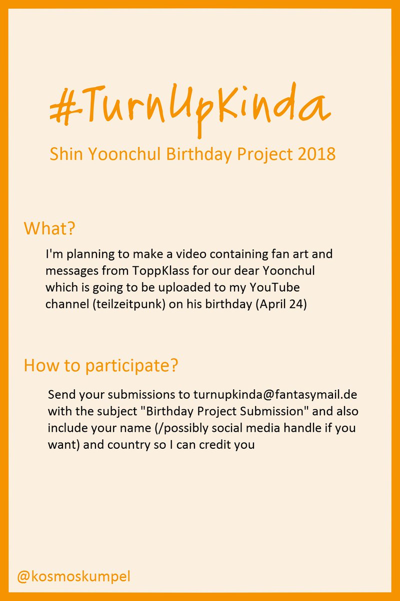 weltraumfreund's tweet photo. hi fellow toppklass~
i decided to start a birthday project called #TurnUpKinda for yoonchul and it'd be really cool of you could take part in it or spread the word ^^

#toppdogg #nakta #shinyoonchul #toppklass #탑독 #낙타 #신윤철 #탑클래스

(it's the right e-mail address now !!) https://t.co/Rug0N4Dtib