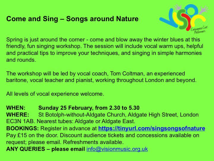 Time to blow away those winter blues - join our singing workshop led by baritone Tom Coltman on Sunday 25 February. Only £15 for three hours! Register here and pay on the door: tinyurl.com/singsongsofnat…