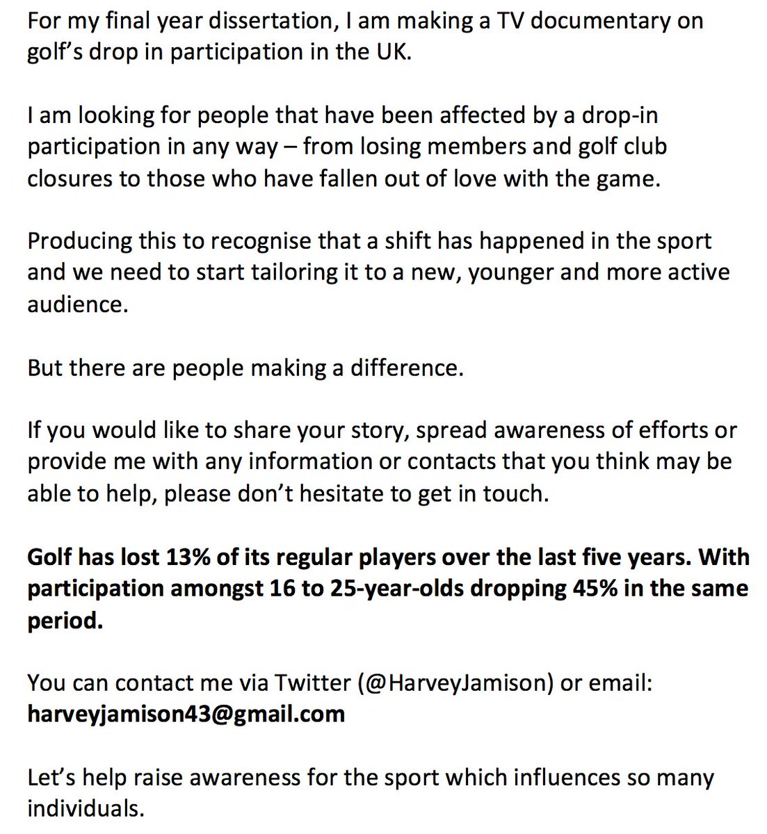 HarveyJamison's tweet photo. Producing my Final Year TV Documentary about the drop in #golf participation &amp; the efforts to combat it. Are you someone trying to tailor the game to a younger and more active audience? Have you witnessed the decline in the sport? 

Would love to speak to you. DMs open &amp; 👍 RT's https://t.co/QLlTAlOrQH