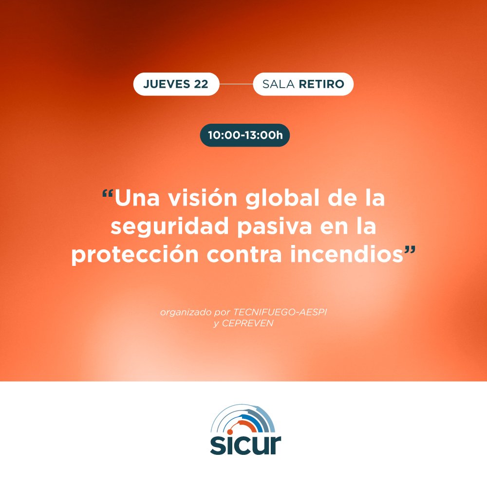 SICUR_'s tweet photo. No os perdáis la ponencia "UNA VISIÓN GLOBAL DE LA SEGURIDAD PASIVA EN LA PROTECCIÓN CONTRA INCENDIOS" por @TECNIFUEGOAESPI @Cepreven ahora en la Sala Retiro #SICUR2018 https://t.co/rC9zf290JR