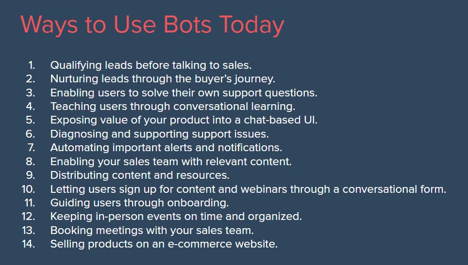 HubSpotAcademy's tweet image. Ways to use bots in your marketing today! Know any more? Reply to this tweet! #HubSpotMasterClass