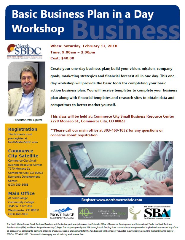 CommerceCityED's tweet photo. Do you want to start a business but are unsure of how to write a Business Plan? Attend the Basic Business Plan in a Day Workshop this weekend! Sat. Feb. 17, 9 am - 2 pm at at 7270 Monaco St. in @CommerceCityCO. Register at https://t.co/JybWdieIrw https://t.co/pbpwXY6n2l