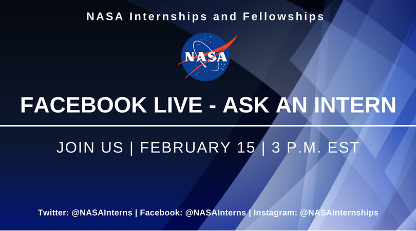 NASAInterns's tweet photo. So you want to be a NASA intern? Find out how on Feb 15th at 3pm EST! Join us live on Facebook for a Q&amp;A session with current NASA interns! Ask us your questions now, use #AskAnIntern https://t.co/vo3STGa5OU