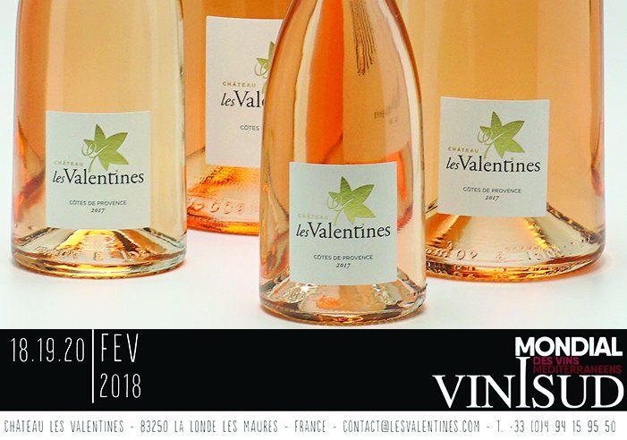 Les_Valentines's tweet photo. Meet Château Les Valentines at VINISUD Montpellier = HALL B4 / Stand D21 = Feb.18, 19, 20, 2018!  Venez continuer à fêter nos 20 ans et déguster les nouveaux Millésimes ! Tel. +33 4 94 15 95 50 
https://t.co/33EJRRYmDL #ChateauLesValentines #CotesdeProvenceRoseWine https://t.co/vHWBrwWV20