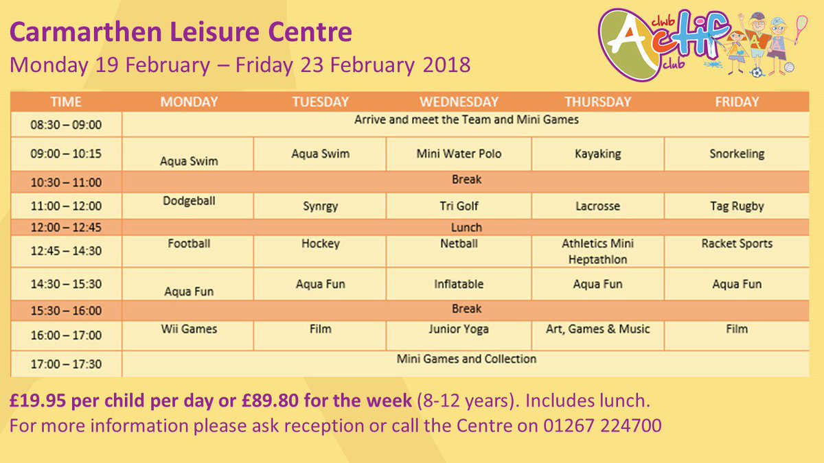 It's half term next week!
Looking for ideas of what to do? Check out Carmarthen Leisure Centre's Actif Holiday Club which offers a full day of sport and fun activities to keep 8-12 year olds entertained.