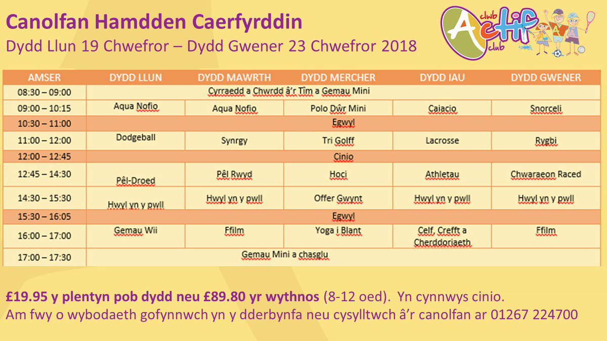 sportcarms's tweet image. It's half term next week!
Looking for ideas of what to do? Check out Carmarthen Leisure Centre's Actif Holiday Club which offers a full day of sport and fun activities to keep 8-12 year olds entertained.