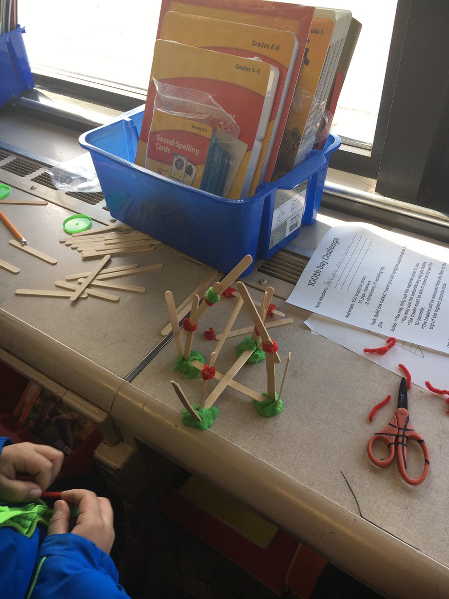100th day STEAM challenge!  Which team can build the tallest tower using 100 popsicle sticks,some pipe cleaners, and play-doh? #happeningathowell