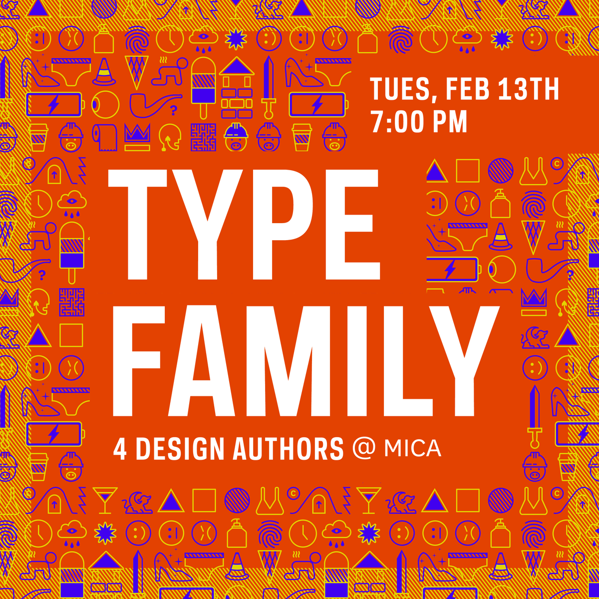 mica's tweet photo. Tonight at 7:00pm: Celebrate four new design books with short talks by @ellenLupton,  @dougthomas31, Sandra Maxa and Mark Sanders. Falvey Hall, Brown Center. #MICAmade https://t.co/rR3LBP2gkc