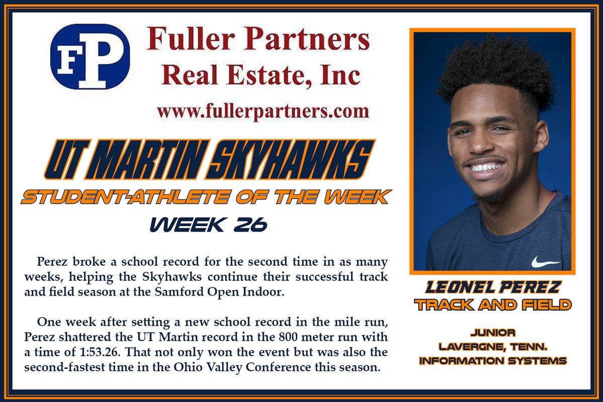 Congratulations to the Fuller Partners Student-Athlete of the Week: Leonel Perez from the Skyhawk track and field team! utmsports.com/page/97